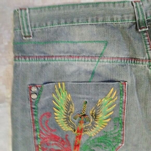 Jinzu Denim Men's Shorts Gray with Red and Green Embroidery Sz 44 - Picture 10 of 10